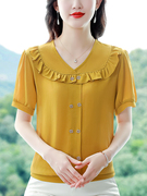 黄色短袖雪纺衫女夏季2024妈妈时尚上衣潮遮肚子减龄洋气小衫