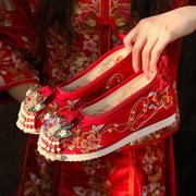 配秀禾服婚鞋女增高古风绣花布鞋，中式冬季加绒红色新娘结婚汉服鞋