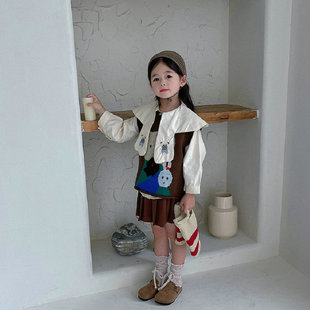 韩版女童套装卡通兔毛线，背心加大领子，衬衫半身裙23秋冬装三件套