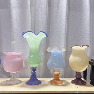 法式复古高脚铃兰风灯花瓶，中古琉璃高级艺术玻璃花器花瓶花插