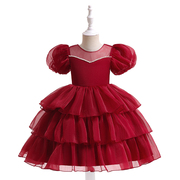 女大童红色礼服蓬蓬纱蛋糕裙儿童生日洋气公主裙子花童女孩演出服