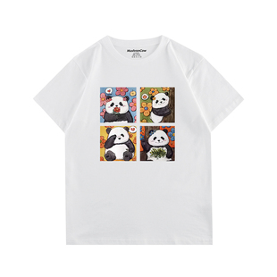 MushronCow四格熊猫 原创插画印花短袖T恤纯棉圆领情侣装男女上衣