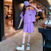 女童洋气套装夏季韩版儿童中童时尚，宽松上衣小女孩短袖短裤两件套