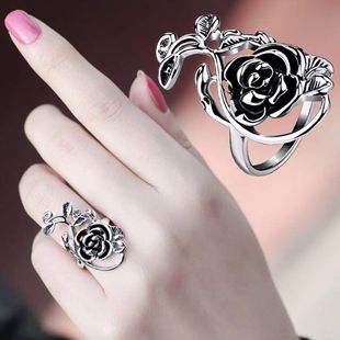 时尚潮人日韩个性简约复古银色，玫瑰花夸张大气质食指戒指环女学生