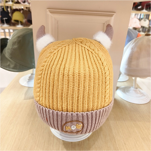 领趣婴幼儿童针织毛线帽6-12个月棉内衬卡通帽，秋冬款可爱双层套头