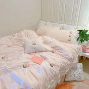 ins粉色床裙四件套水洗，棉公主风床单被套，宿舍三件套少女床品