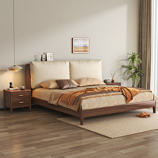黑胡桃木实木床1米8床双人床新中式现代简约主卧室软包靠背大婚床
