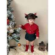 秋冬装女童宝宝红色毛衣洋气，圣诞新年服婴童，百搭翻领针织外套上衣