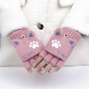 半指翻盖针织猫咪爪子毛线，手套女冬可爱韩版学生加绒保暖露指手套