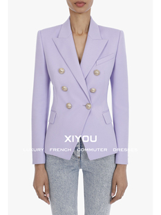 2021秋季 时尚紫罗兰色银色双排扣修身显瘦职业小西装外套女