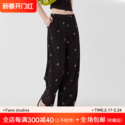 范洛2024夏季黑色百搭西装裤，女花朵刺绣，设计感休闲直筒长裤子