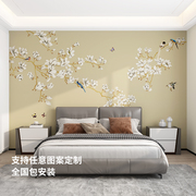 新中式无缝墙布卧室床头客厅墙纸，沙发电视背景墙壁布定制花鸟壁画