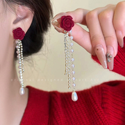 红色丝绒山茶花流苏耳环，女2023高级感珍珠，耳坠长款玫瑰花耳饰