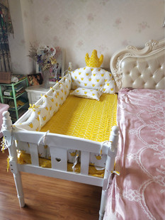 欧式全实木婴儿床白色带(白色带)护栏加宽拼接大床男孩，单人床女孩公主床
