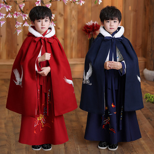 儿童汉服斗篷男童拜年服披风中国风古风外套冬季长款加绒加厚披肩
