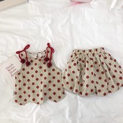 女童红色波点蝴蝶结套装2024夏季宝宝韩版无袖上衣短裤两件套