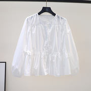褶皱设计白色小衫女棉布娃娃衫，2023春季韩版时尚，宽松长袖衬衣上衣