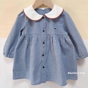 24春秋韩版童装女童纯棉蓝色，开衫竖条纹长袖，连衣裙宝宝儿童裙子