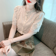 韩版花边圆领泡泡短袖雪纺，衫女装夏季气质，镂空提花小衫设计感上衣