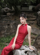 无袖旗袍女夏季新中式新娘红色连衣裙气质改良日常小个子国风