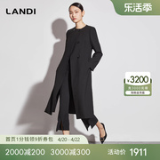 landi蓝地黑色圆领羊毛修身设计感中长款风衣外套女2023秋季