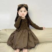 女童连衣裙套装秋季2023小女孩，韩版针织开衫花苞，背心裙两件套
