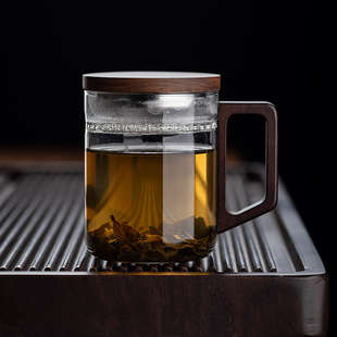 耐高温月牙泡茶杯茶水，分离复古式木把绿茶杯，过滤办公室喝茶专用杯