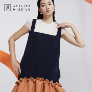 AtelierMissLu设计师品牌夏日少女蓝橘撞色趣味下摆连身裙