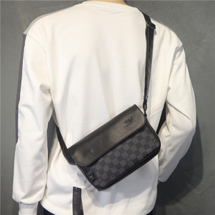 threebox韩国时尚格子男士，单肩包休闲邮差，斜挎小包斜跨胸包背包