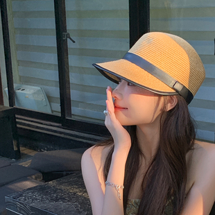 日系遮阳草帽女夏季法式优雅草编马术帽，出游防晒帽小众时尚时装帽