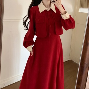 2023年秋冬季胖妹妹法式小香风，茶歇红色连衣裙子假两件中长款裙子