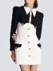 高版本巴尔曼吉娜2024时尚黑白拼色撞色衬衫领修身包臀连衣裙