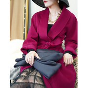 2023秋冬max青果领紫红色长款气质，羊毛呢外套，高端双面黑色大衣女