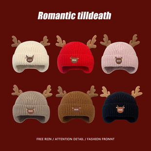 圣诞帽红色可爱鹿角帽子针织毛线保暖送女朋友生日新年圣诞节礼物