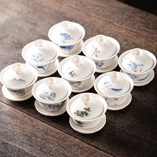 白瓷盖碗单个功夫茶碗带盖三才茶杯德化陶瓷家用纯手工青花泡茶具