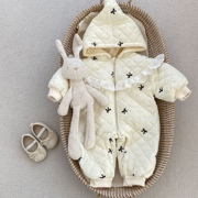 韩版婴儿连体衣秋冬装女宝宝公主，棉服外套爬服新生儿夹棉加绒哈衣
