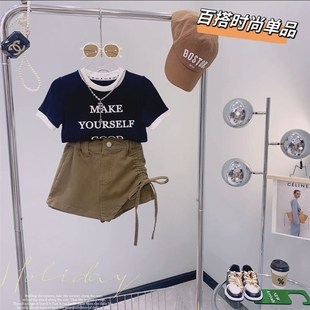 韩版女童短袖套装，2n023夏季女宝洋气圆领上衣，抽绳裙裤两件套