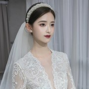 新娘法式婚纱头饰2021年高级仙气白纱珍珠发冠发箍发饰三件套
