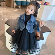 女童秋季套装2023韩版洋气，黑色连衣裙儿童秋装牛仔外套两件套