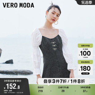 veromoda奥莱夏季时尚蝴蝶结装饰拼接七分袖牛仔连衣裙子