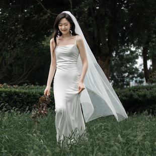 2024新娘结婚礼主婚纱，齐地纱简约双层超仙森系拖尾超长款头纱