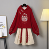新中式国潮加绒加厚卫衣女，秋冬季改良汉服，上衣短裙套装红色拜年服