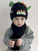 宝宝帽子秋冬款儿童围巾套装男童女童保暖护耳针织恐龙套头毛线帽