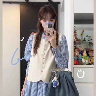 秋冬韩系套装女学院风马甲背心蓝色格子衬衫搭配半身裙一整套温柔