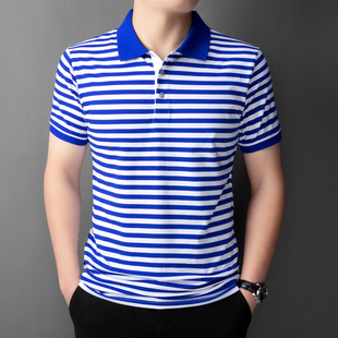 夏季国货翻领蓝白条纹polo衫，短袖男海魂衫带领半袖t恤水手服衬衫