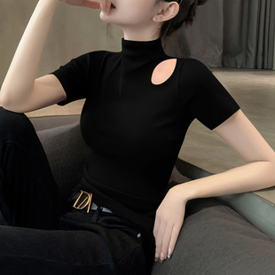 2024夏季黑色高级半高领镂空设计感螺纹洋气短袖T恤女上衣潮