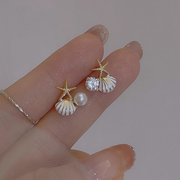 925纯银海星贝壳珍珠耳钉，设计感简约个性，小巧甜美耳环夏季女耳饰
