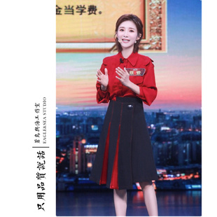 「主持人大赛」红色雪纺长袖，衬衫黑色高腰半身裙职业气质女套装
