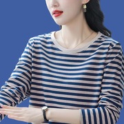 纯棉条纹长袖T恤女士打底衫春秋装新款大码宽松显瘦百搭洋气上衣