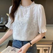 白色衬衫女士装夏季2024年韩版上衣立领衬衣木耳领蕾丝雪纺衫